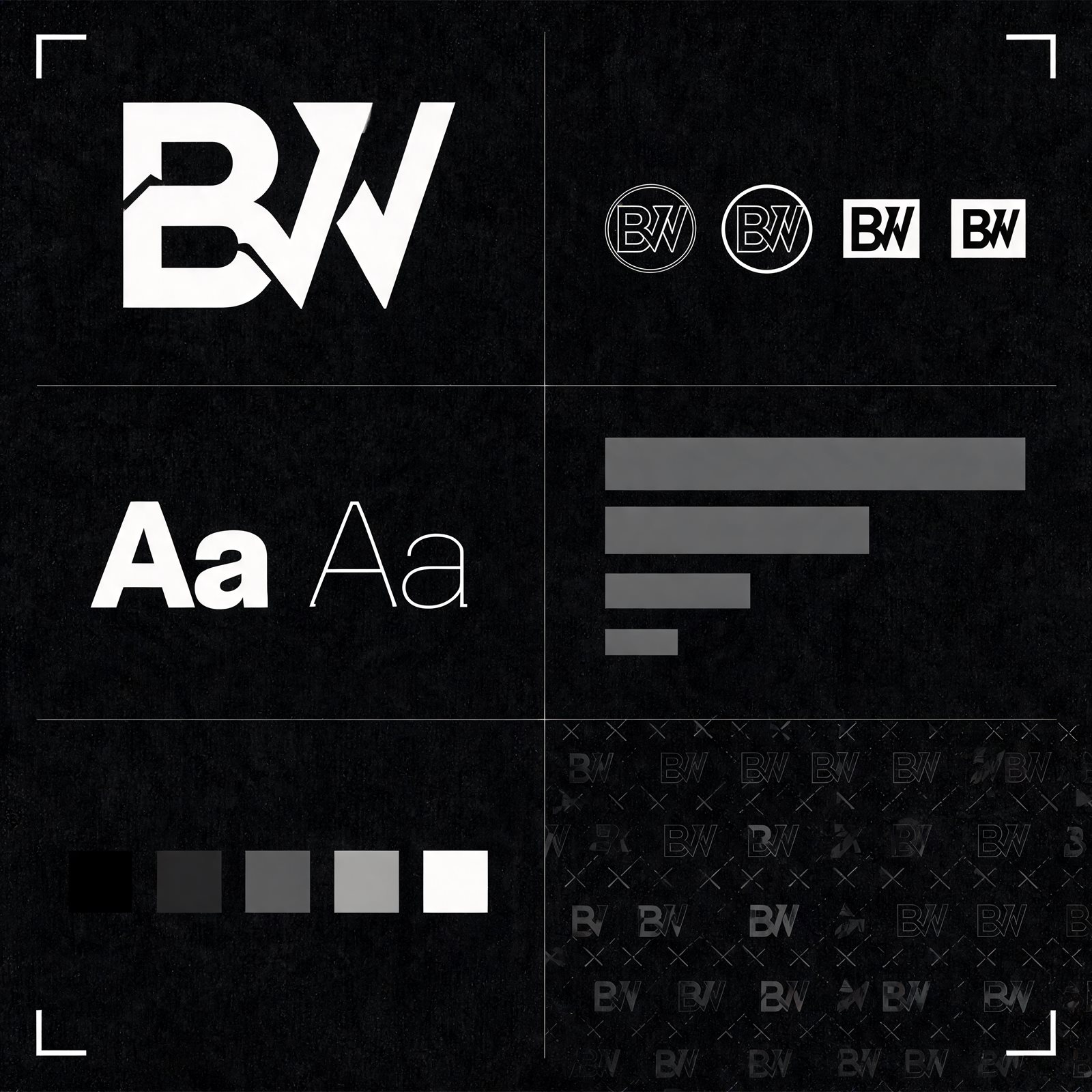 Monochrome brand system layout with typography and marks